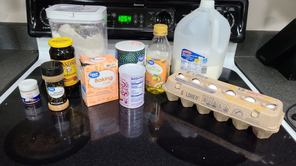 Ingredients for gingerbread pancakes, on a stovetop