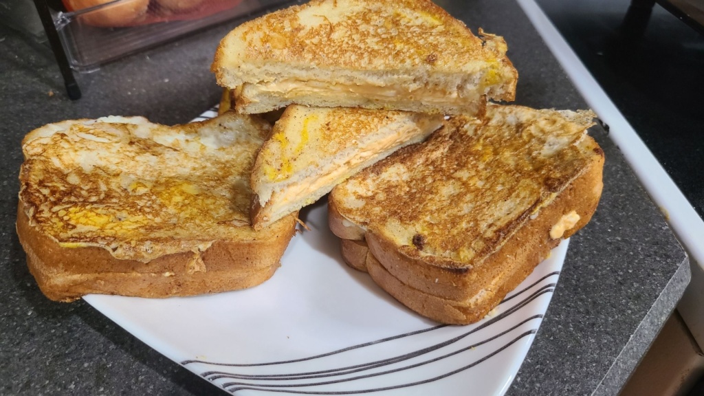 Pumpkin cream cheese French toast, on a large plate