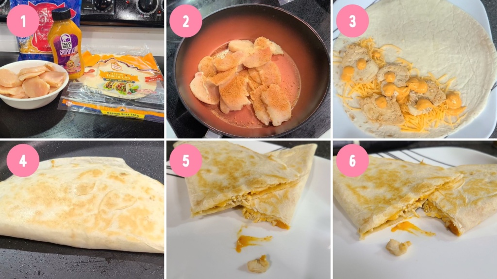 An image collage of the cooking process for chipotle chicken quesadillas