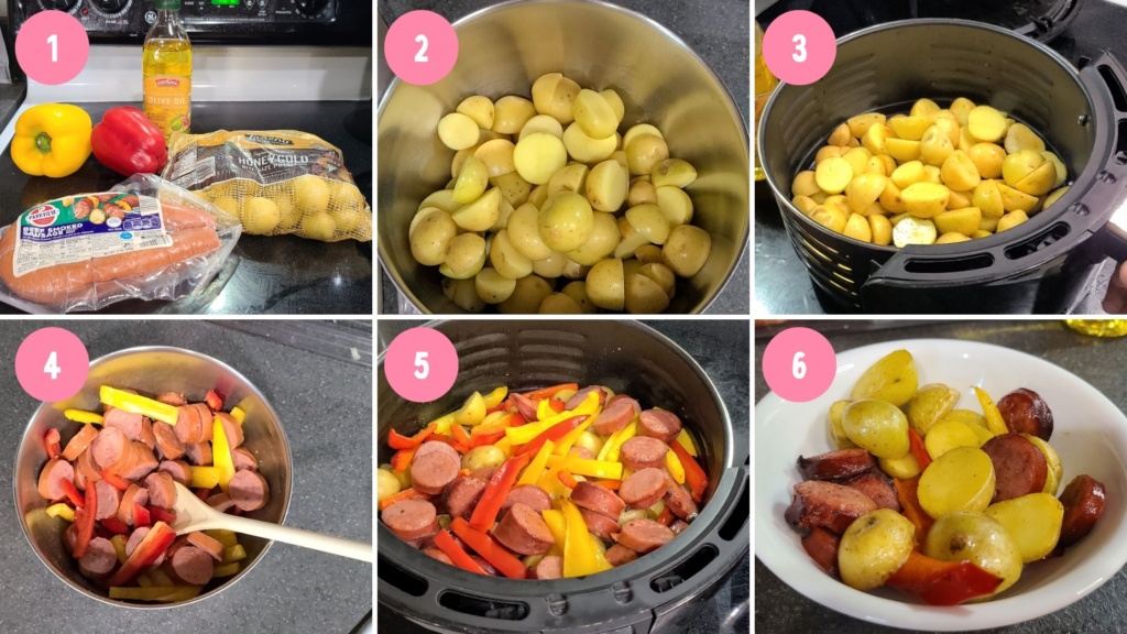 Image collage of the cooking process for air fryer kielbasa