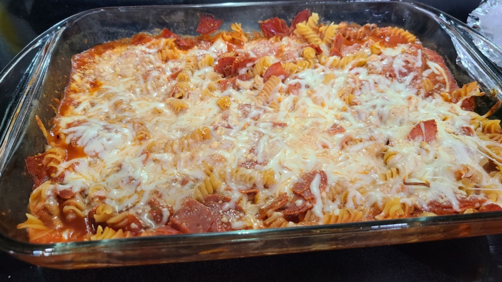 Baked pizza casserole in a casserole dish