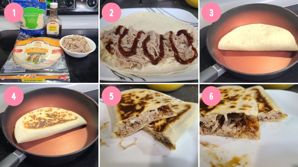Image collage for the cooking process of pulled pork quesadillas