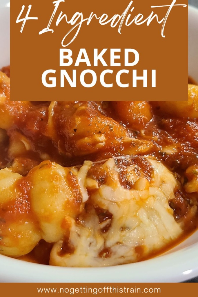Baked gnocchi in a small bowl. Text says "4-ingredient baked gnocchi"