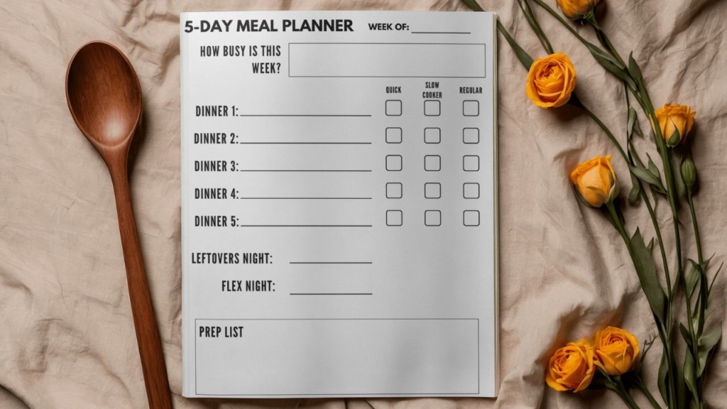 A piece of paper that says "5-day meal planner", laying on a tablecloth