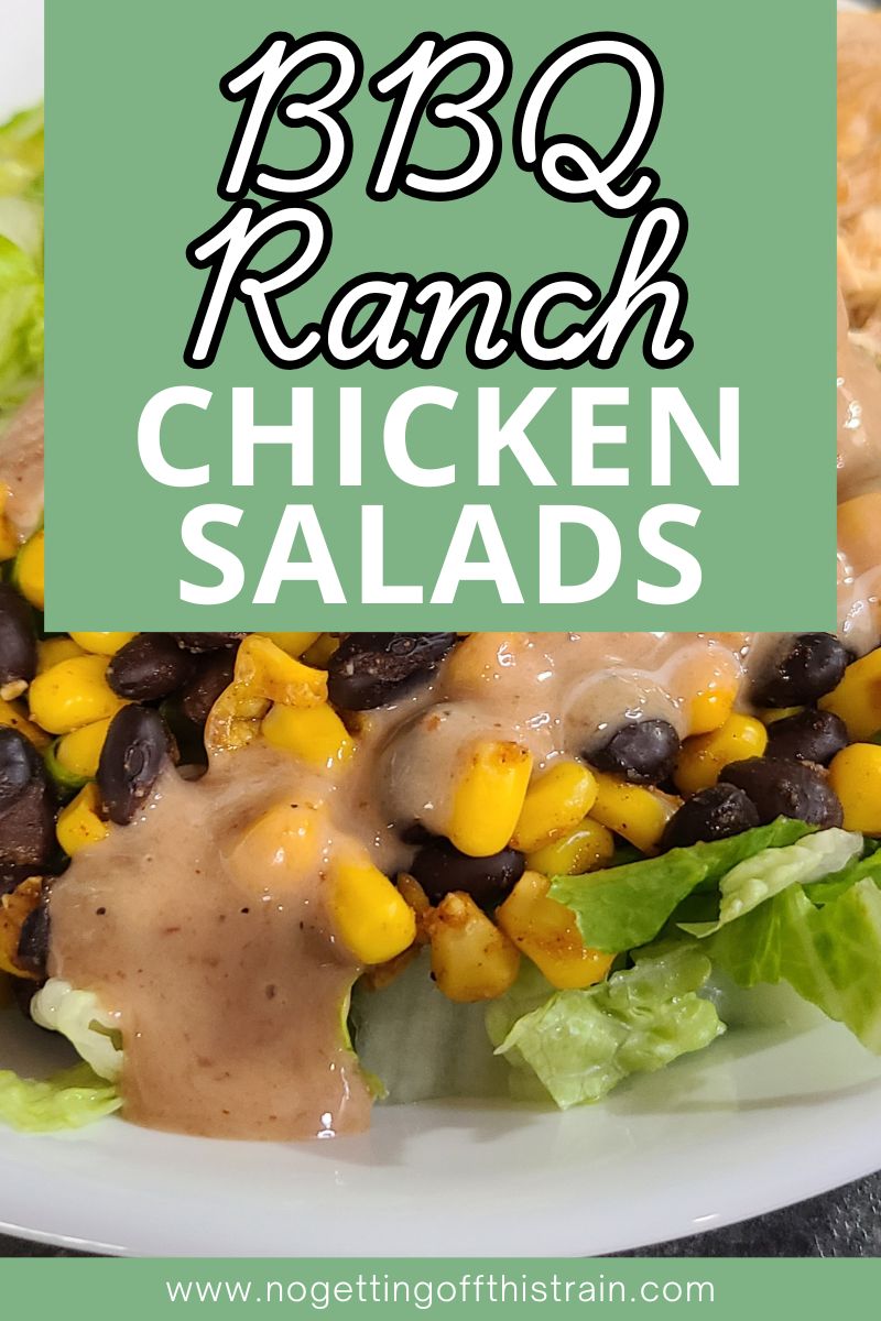 Finished salad in a bowl. Text says "BBQ Ranch Chicken Salads".